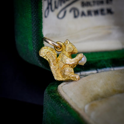 Vintage Solid Yellow Gold Pearl Squirrel Animal Charm Pendant