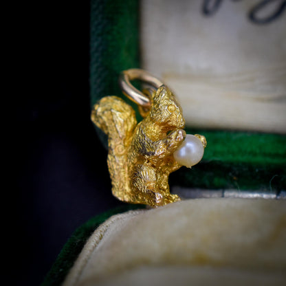 Vintage Solid Yellow Gold Pearl Squirrel Animal Charm Pendant