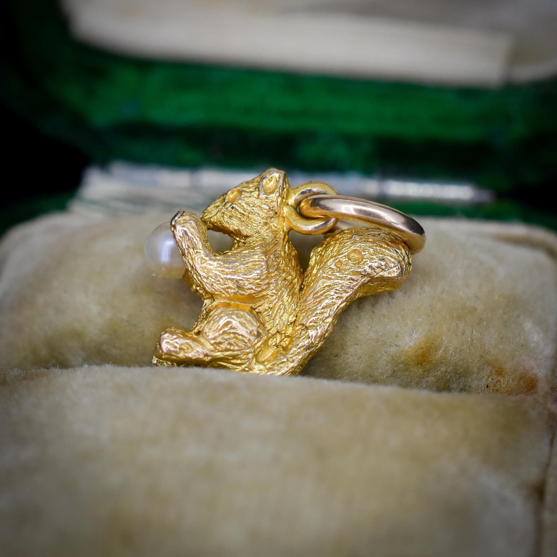 Vintage Solid Yellow Gold Pearl Squirrel Animal Charm Pendant