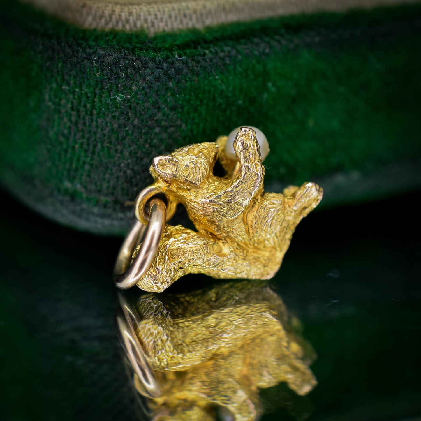 Vintage Solid Yellow Gold Pearl Squirrel Animal Charm Pendant