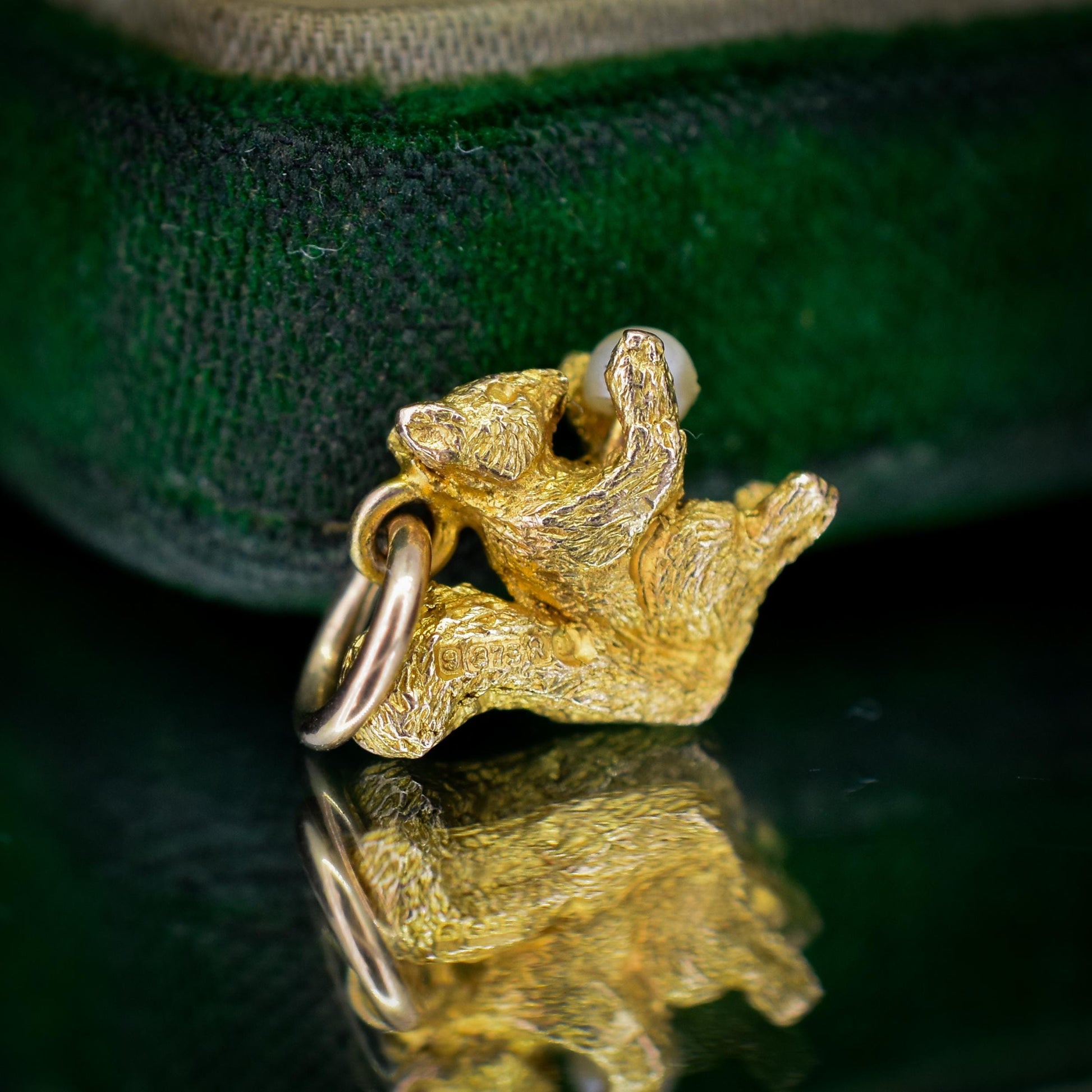 Vintage Solid Yellow Gold Pearl Squirrel Animal Charm Pendant