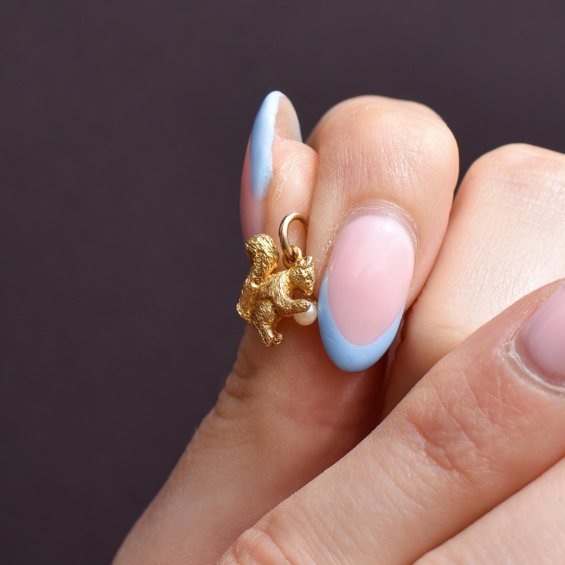 Vintage Solid Yellow Gold Pearl Squirrel Animal Charm Pendant