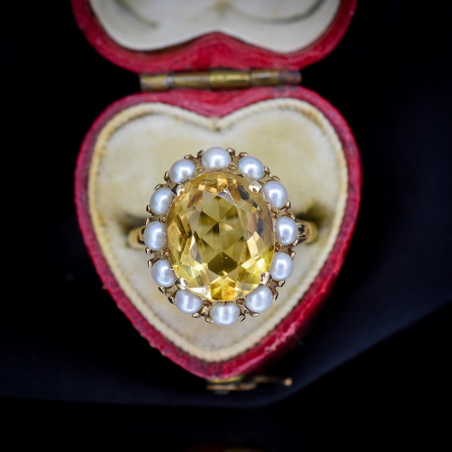 Vintage Citrine and Pearl Oval Halo Cluster 9ct Gold Ring | London 1963