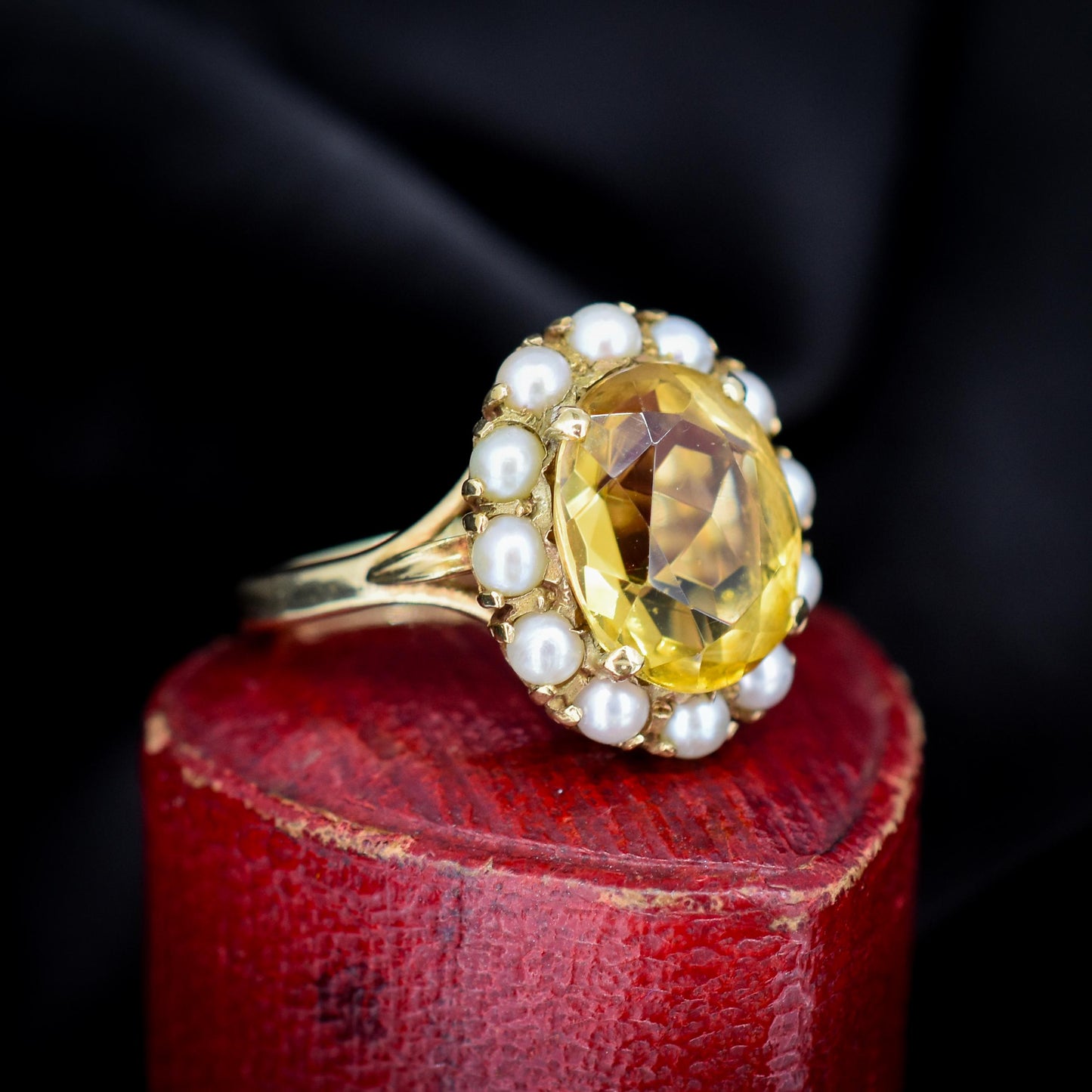 Vintage Citrine and Pearl Oval Halo Cluster 9ct Gold Ring | London 1963