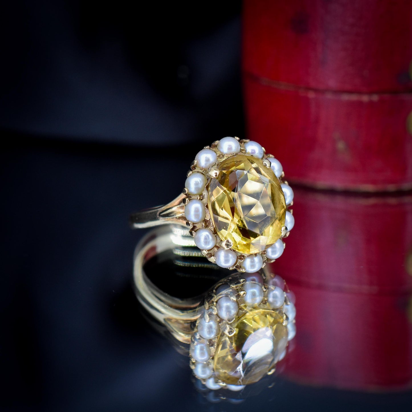 Vintage Citrine and Pearl Oval Halo Cluster 9ct Gold Ring | London 1963