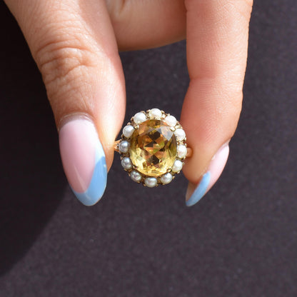 Vintage Citrine and Pearl Oval Halo Cluster 9ct Gold Ring | London 1963