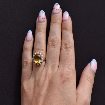 Vintage Citrine and Pearl Oval Halo Cluster 9ct Gold Ring | London 1963