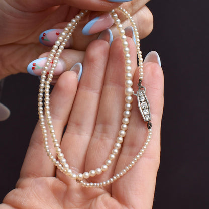 Vintage Pearl 18ct White Gold Diamond Strand Beaded Necklace | 16.5"