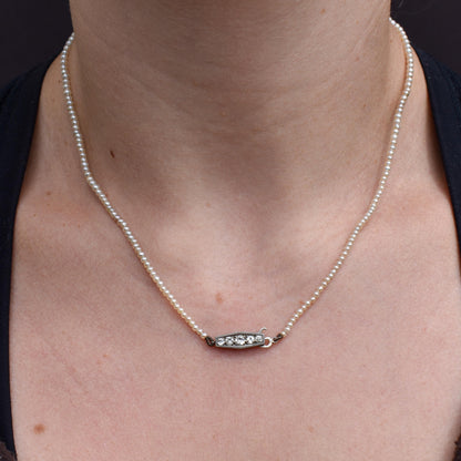 Vintage Pearl 18ct White Gold Diamond Strand Beaded Necklace | 16.5"