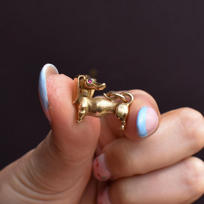 Vintage Solid 9ct Gold Dachshund Dog Charm Pendant with Ruby Eyes