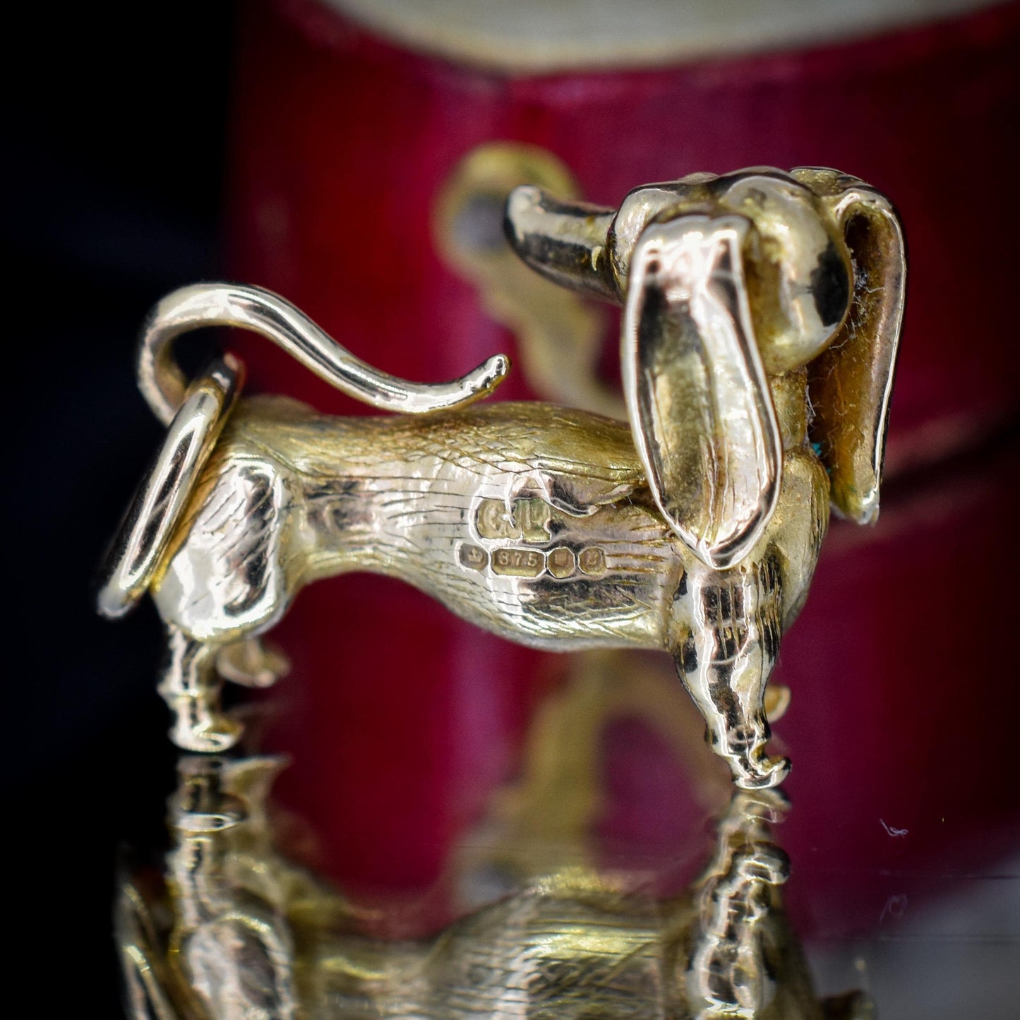 Vintage Solid 9ct Gold Dachshund Dog Charm Pendant with Ruby Eyes