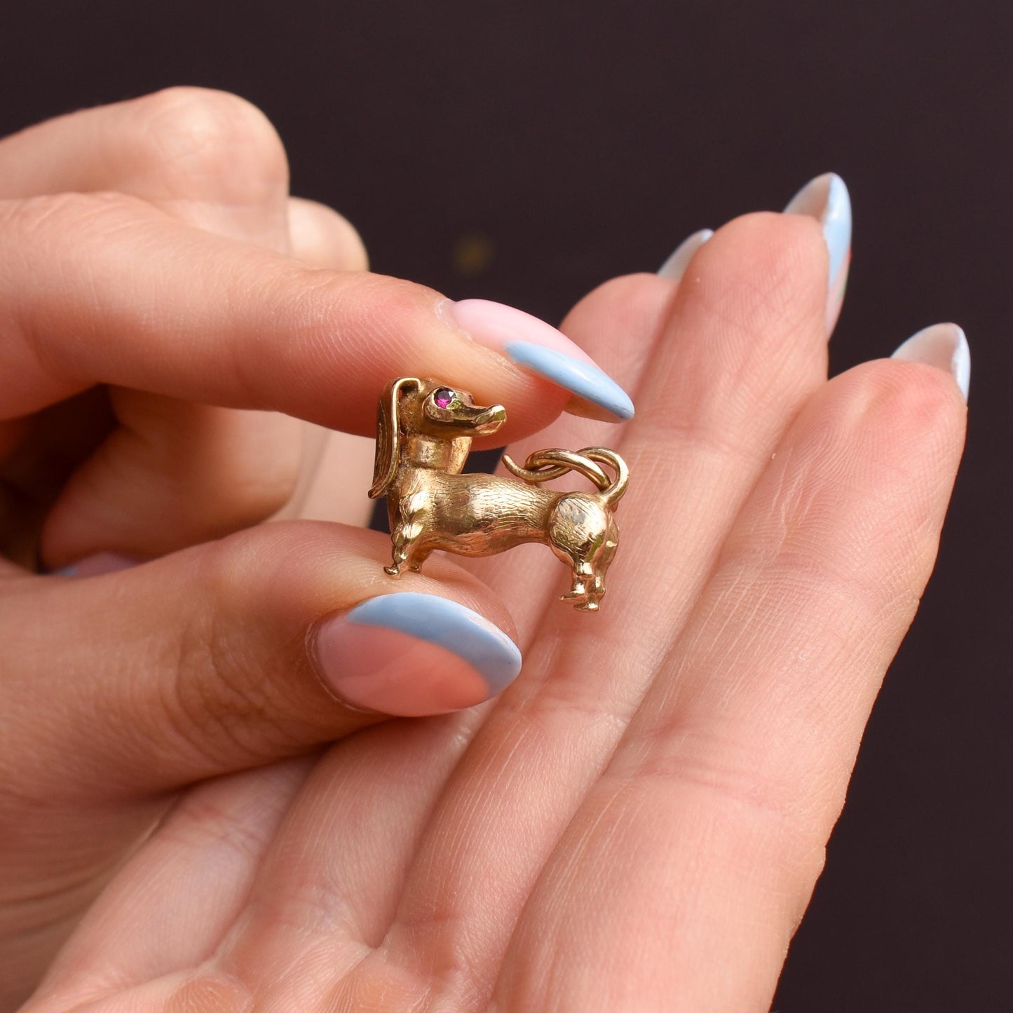 Vintage Solid 9ct Gold Dachshund Dog Charm Pendant with Ruby Eyes