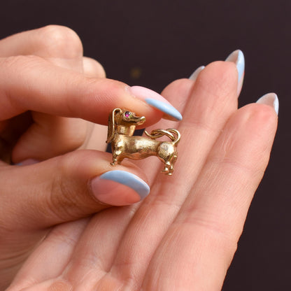 Vintage Solid 9ct Gold Dachshund Dog Charm Pendant with Ruby Eyes