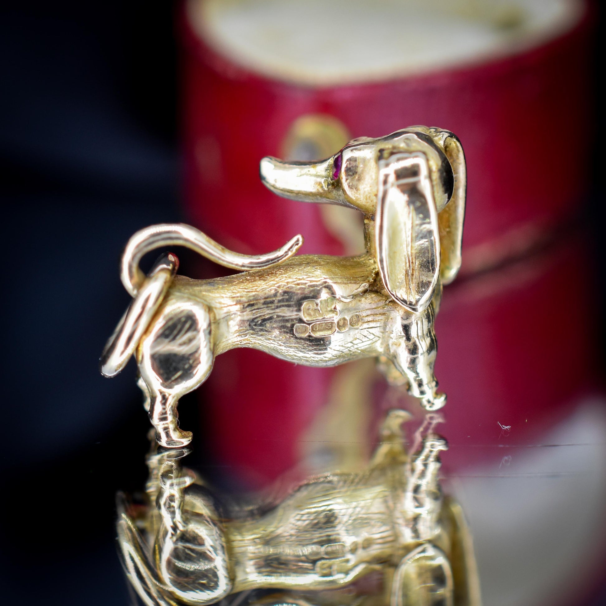 Vintage Solid 9ct Gold Dachshund Dog Charm Pendant with Ruby Eyes