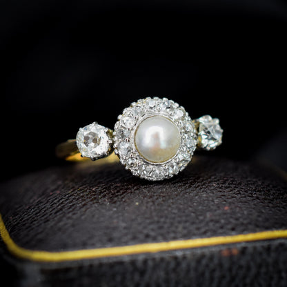 Antique Edwardian Diamond and Pearl Cluster 18ct Yellow Gold Ring