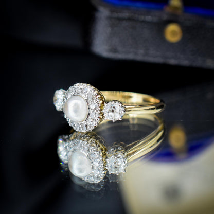 Antique Edwardian Diamond and Pearl Cluster 18ct Yellow Gold Ring