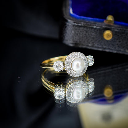 Antique Edwardian Diamond and Pearl Cluster 18ct Yellow Gold Ring