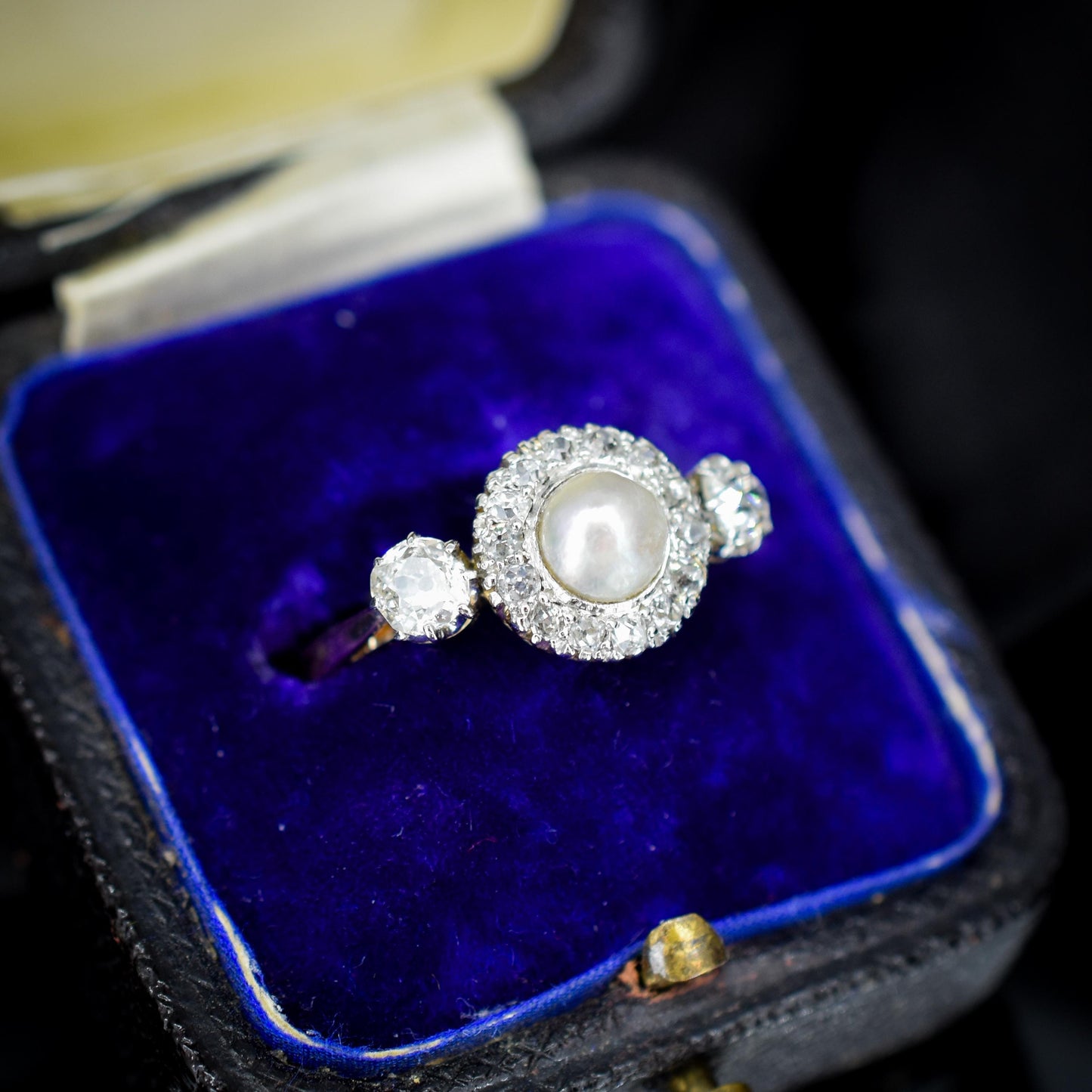 Antique Edwardian Diamond and Pearl Cluster 18ct Yellow Gold Ring