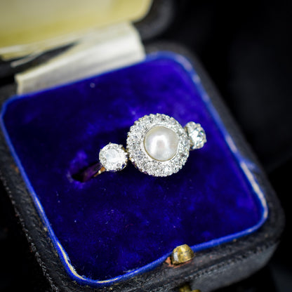Antique Edwardian Diamond and Pearl Cluster 18ct Yellow Gold Ring