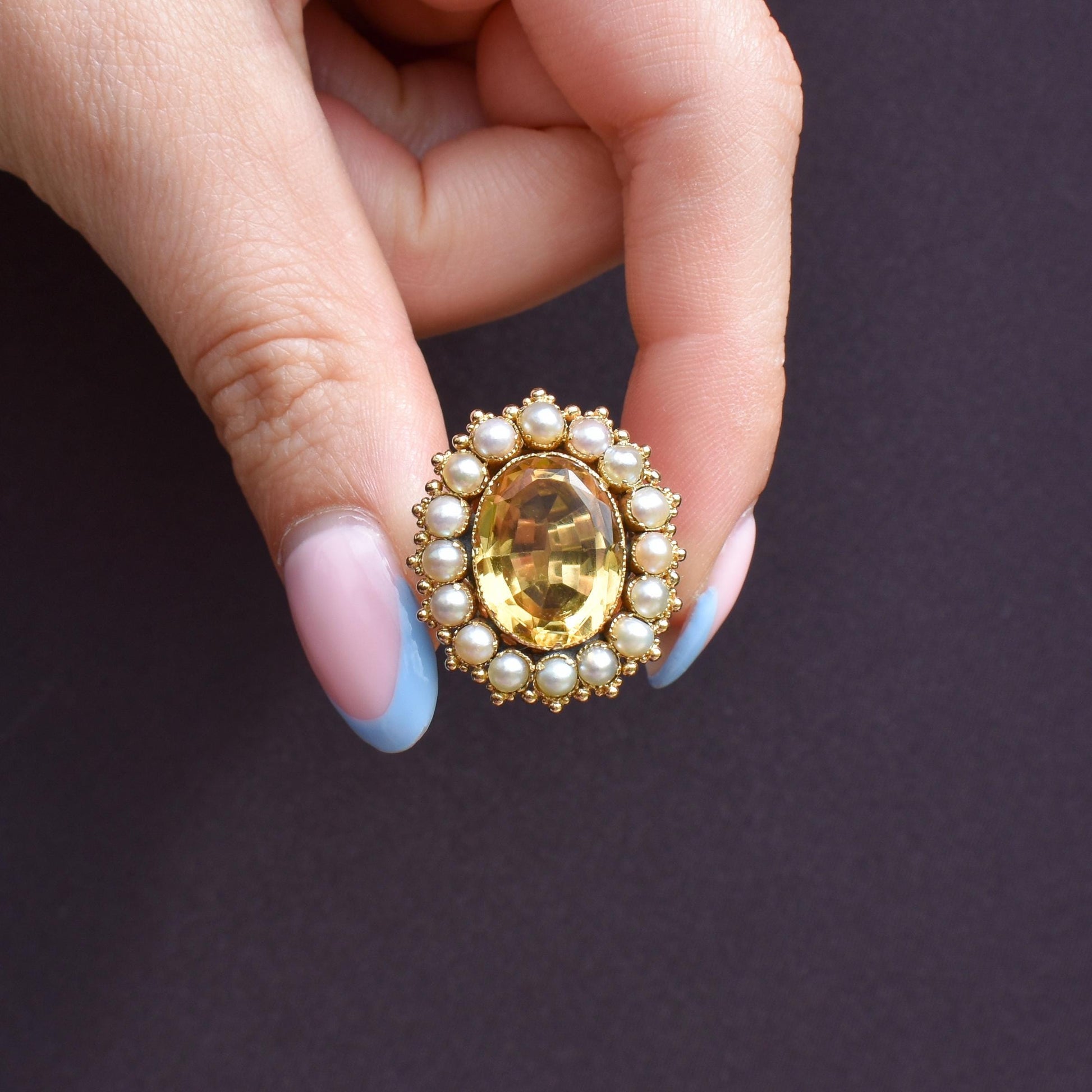 Antique 5.41ct Citrine and Pearl Oval Halo Cluster Gold Ring