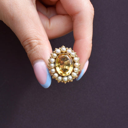 Antique 5.41ct Citrine and Pearl Oval Halo Cluster Gold Ring