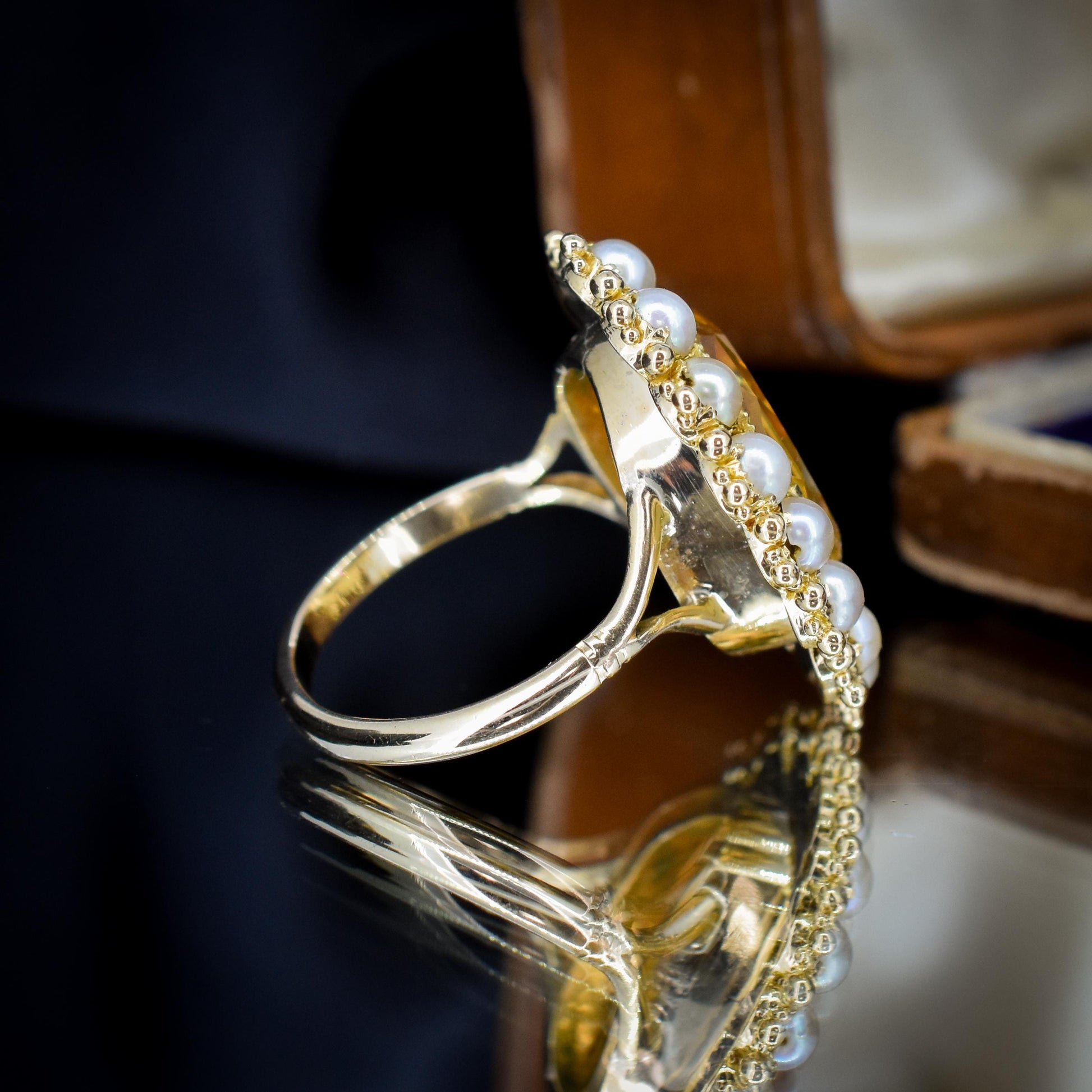 Antique 5.41ct Citrine and Pearl Oval Halo Cluster Gold Ring