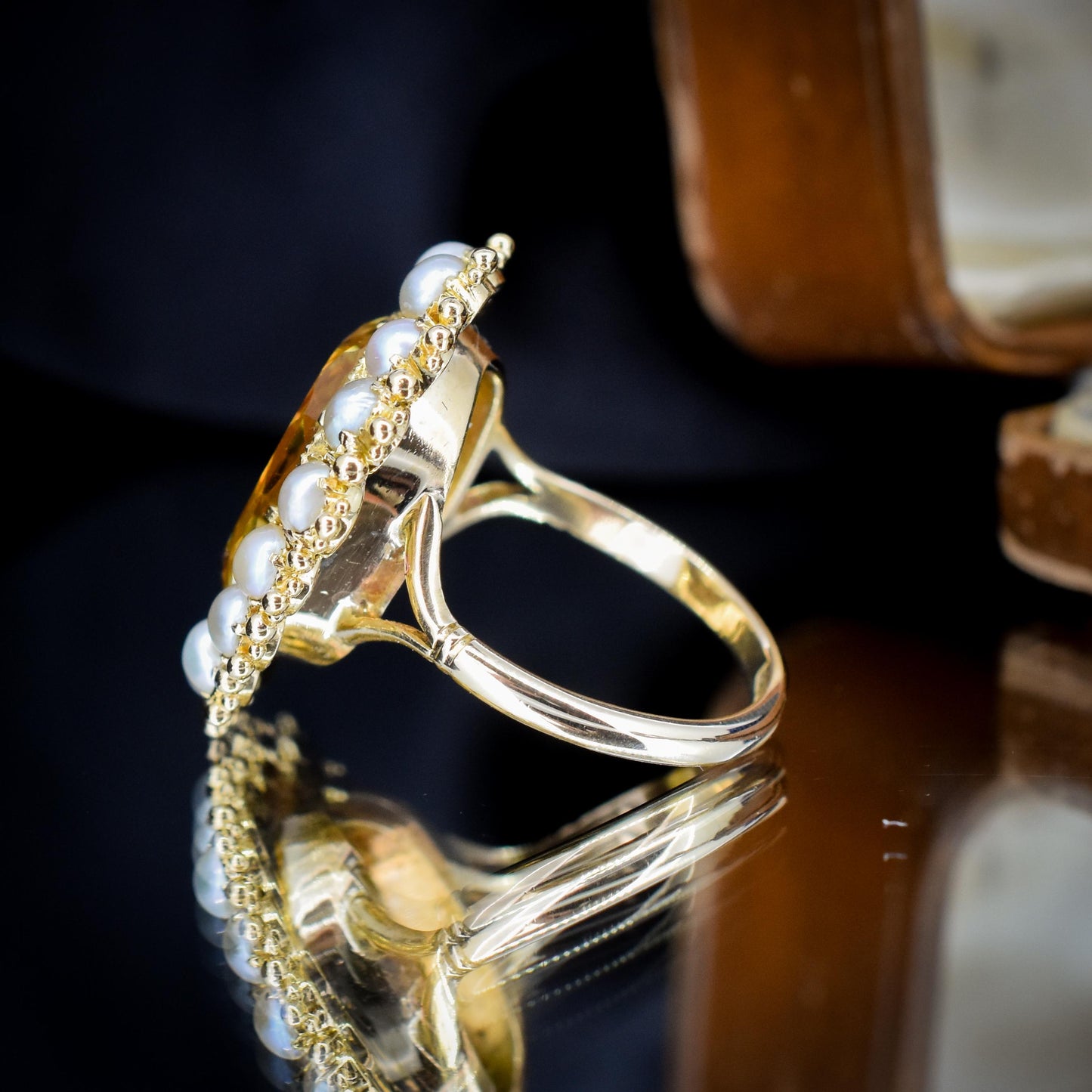 Antique 5.41ct Citrine and Pearl Oval Halo Cluster Gold Ring