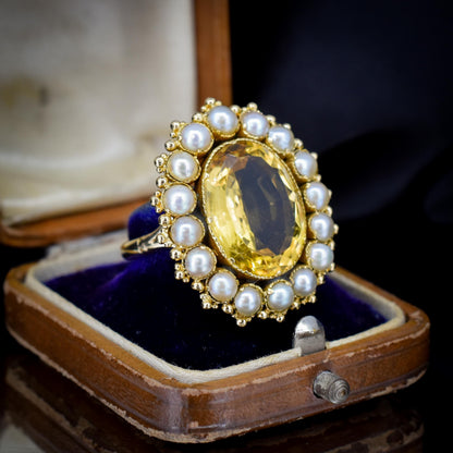 Antique 5.41ct Citrine and Pearl Oval Halo Cluster Gold Ring