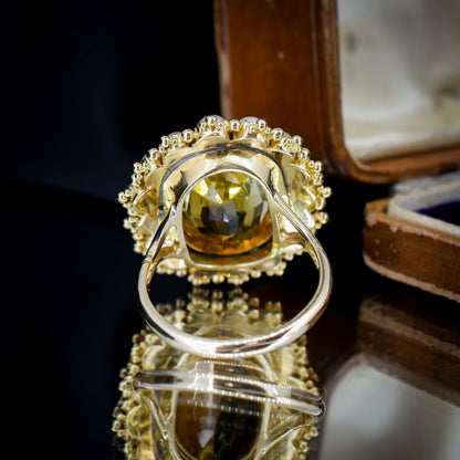 Antique 5.41ct Citrine and Pearl Oval Halo Cluster Gold Ring