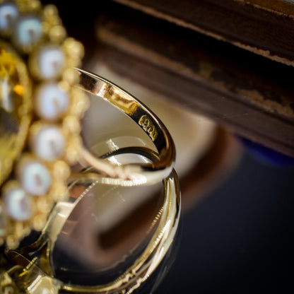 Antique 5.41ct Citrine and Pearl Oval Halo Cluster Gold Ring