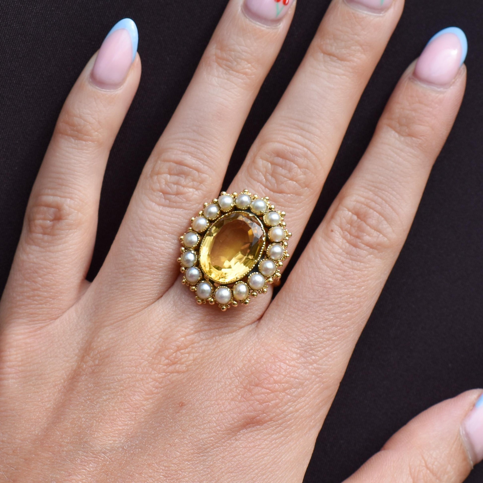 Antique 5.41ct Citrine and Pearl Oval Halo Cluster Gold Ring