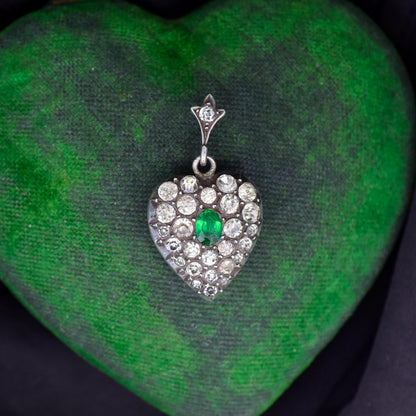 Antique Old Cut Paste Green Sterling Silver Puffy Heart Pendant
