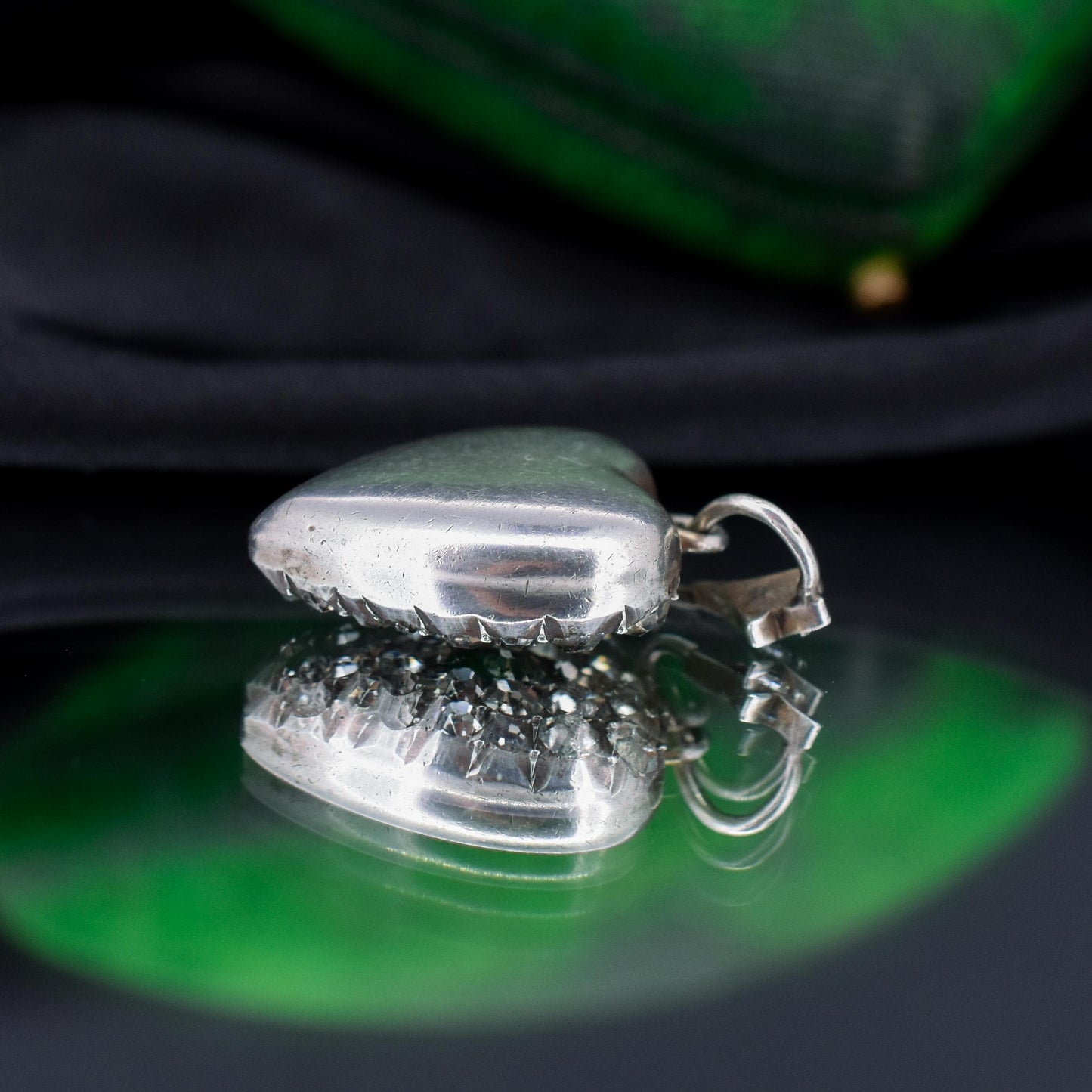 Antique Old Cut Paste Green Sterling Silver Puffy Heart Pendant