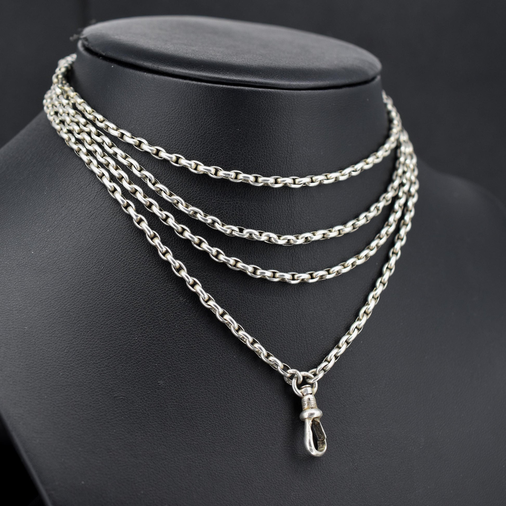 Antique Silver Long Guard Chain Necklace with Dog Clip | 52" Length