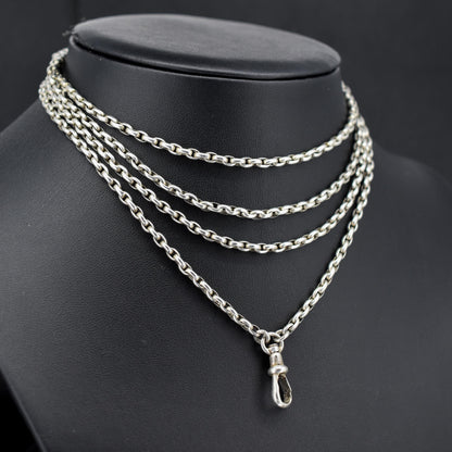 Antique Silver Long Guard Chain Necklace with Dog Clip | 52" Length