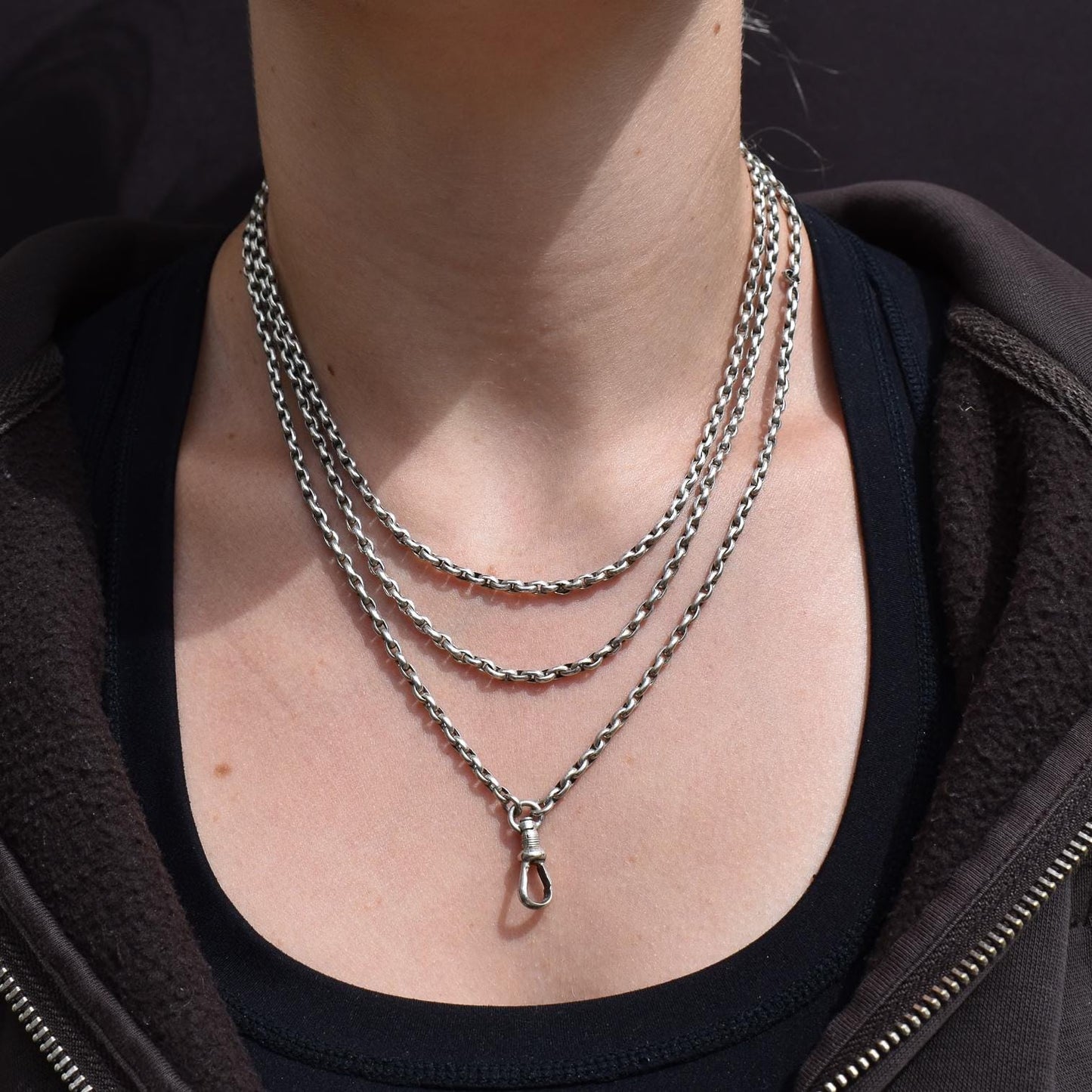 Antique Silver Long Guard Chain Necklace with Dog Clip | 52" Length
