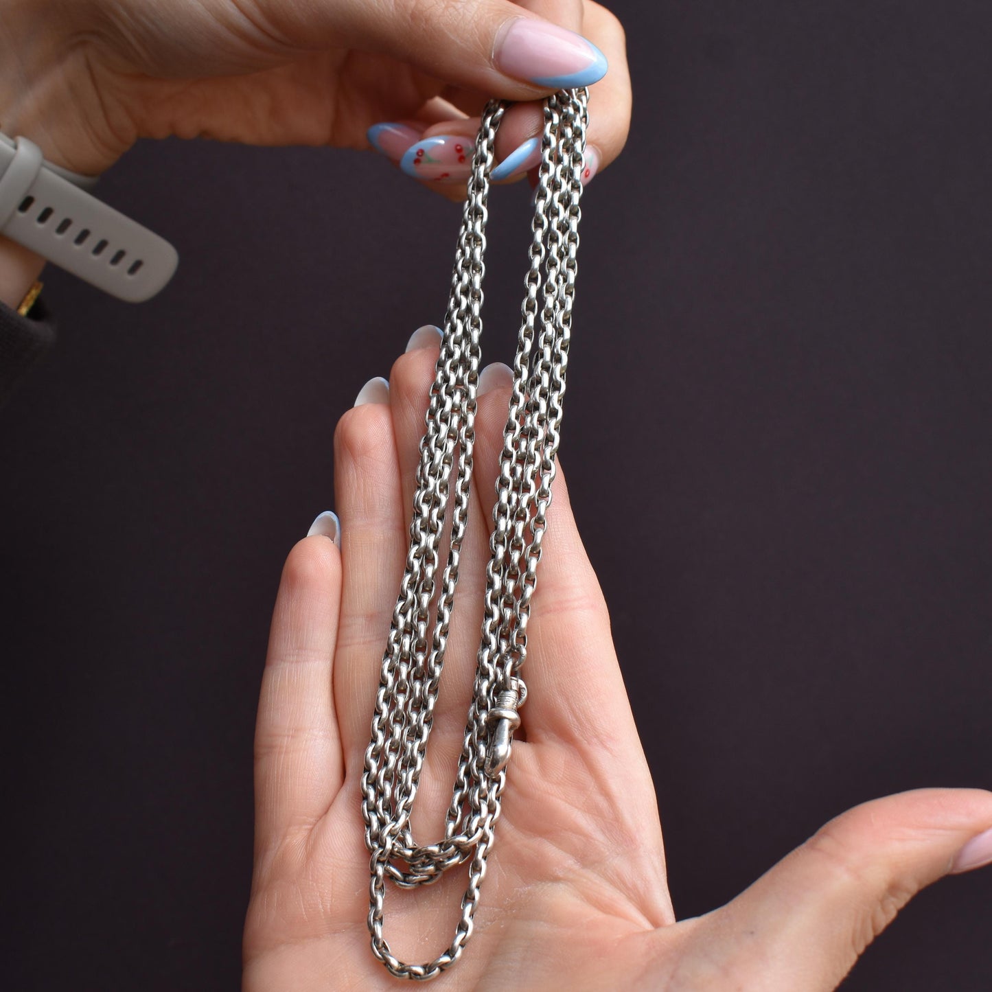 Antique Silver Long Guard Chain Necklace with Dog Clip | 52" Length