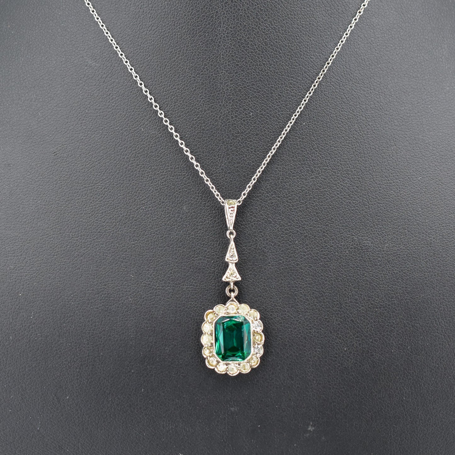 Antique Emerald Cut Paste Silver Pendant and Chain Necklace | 15.5"