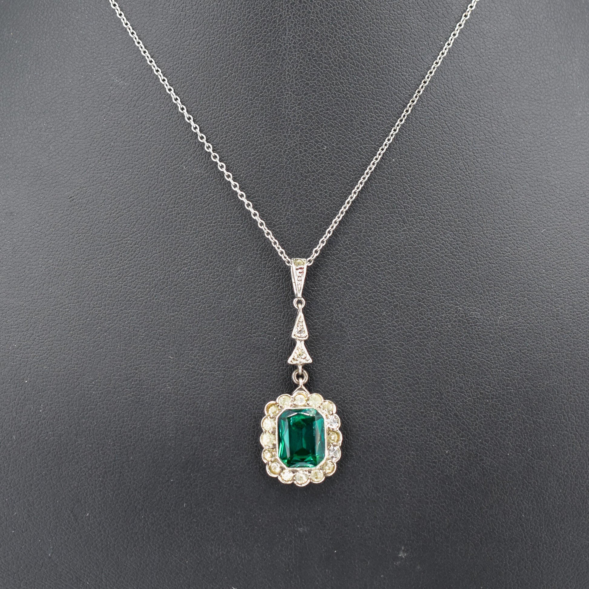 Antique Emerald Cut Paste Silver Pendant and Chain Necklace | 15.5"