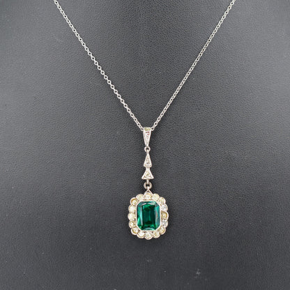 Antique Emerald Cut Paste Silver Pendant and Chain Necklace | 15.5"