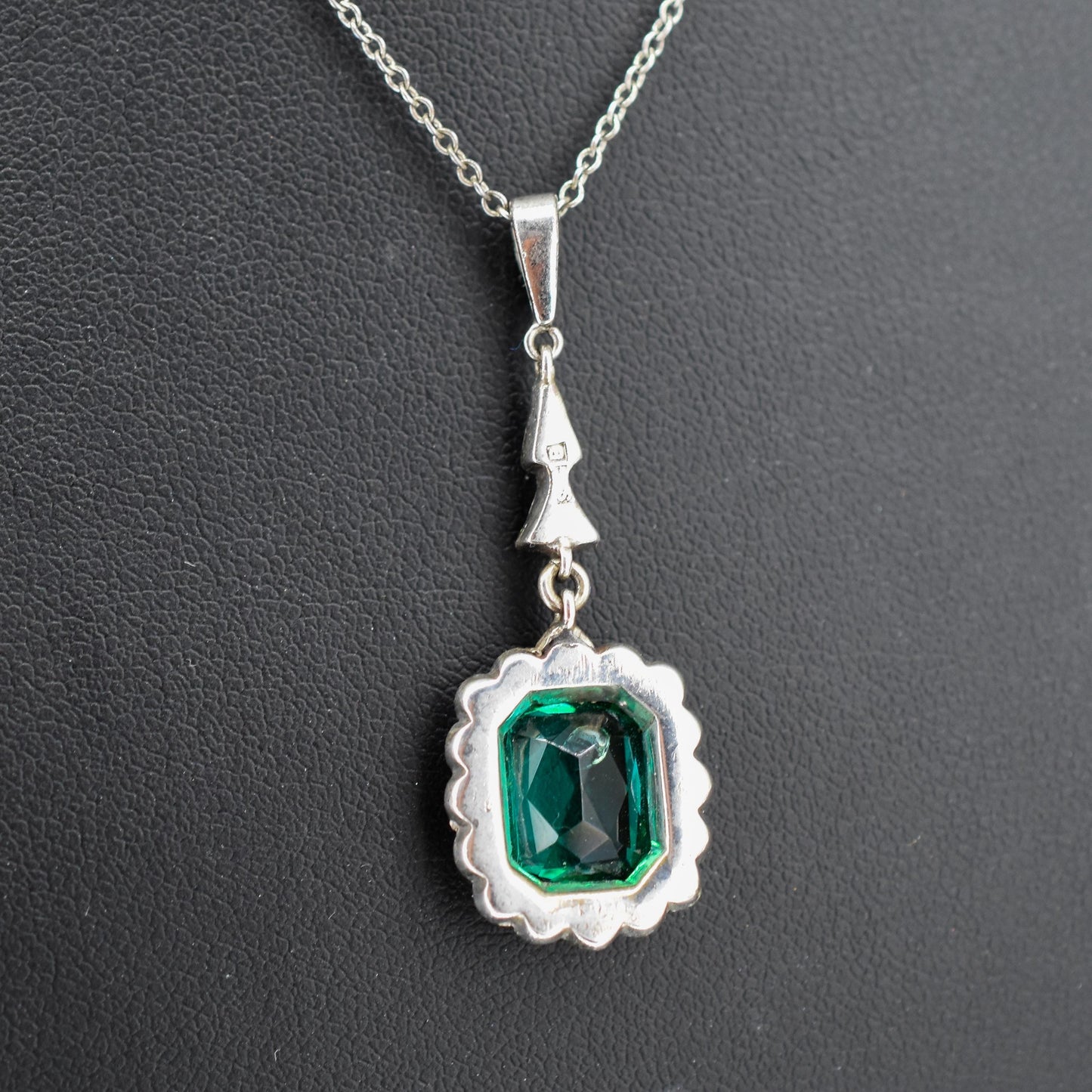Antique Emerald Cut Paste Silver Pendant and Chain Necklace | 15.5"