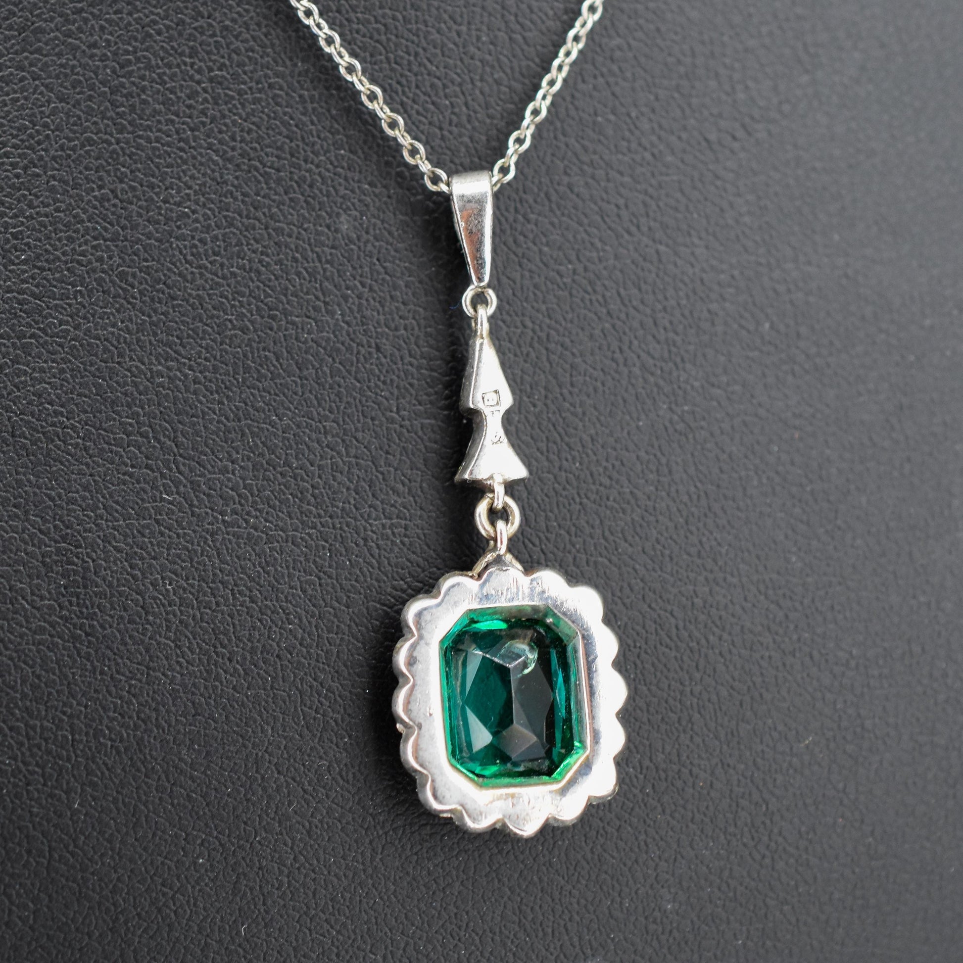 Antique Emerald Cut Paste Silver Pendant and Chain Necklace | 15.5"
