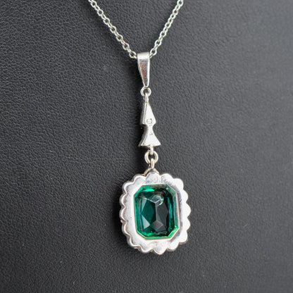Antique Emerald Cut Paste Silver Pendant and Chain Necklace | 15.5"