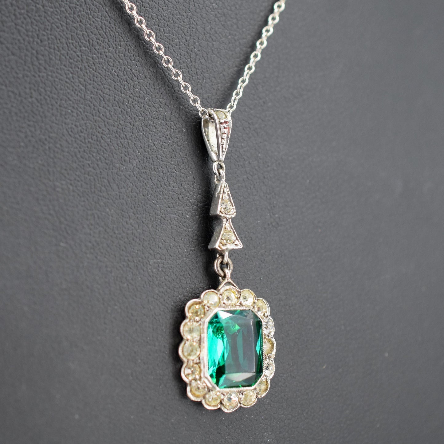 Antique Emerald Cut Paste Silver Pendant and Chain Necklace | 15.5"