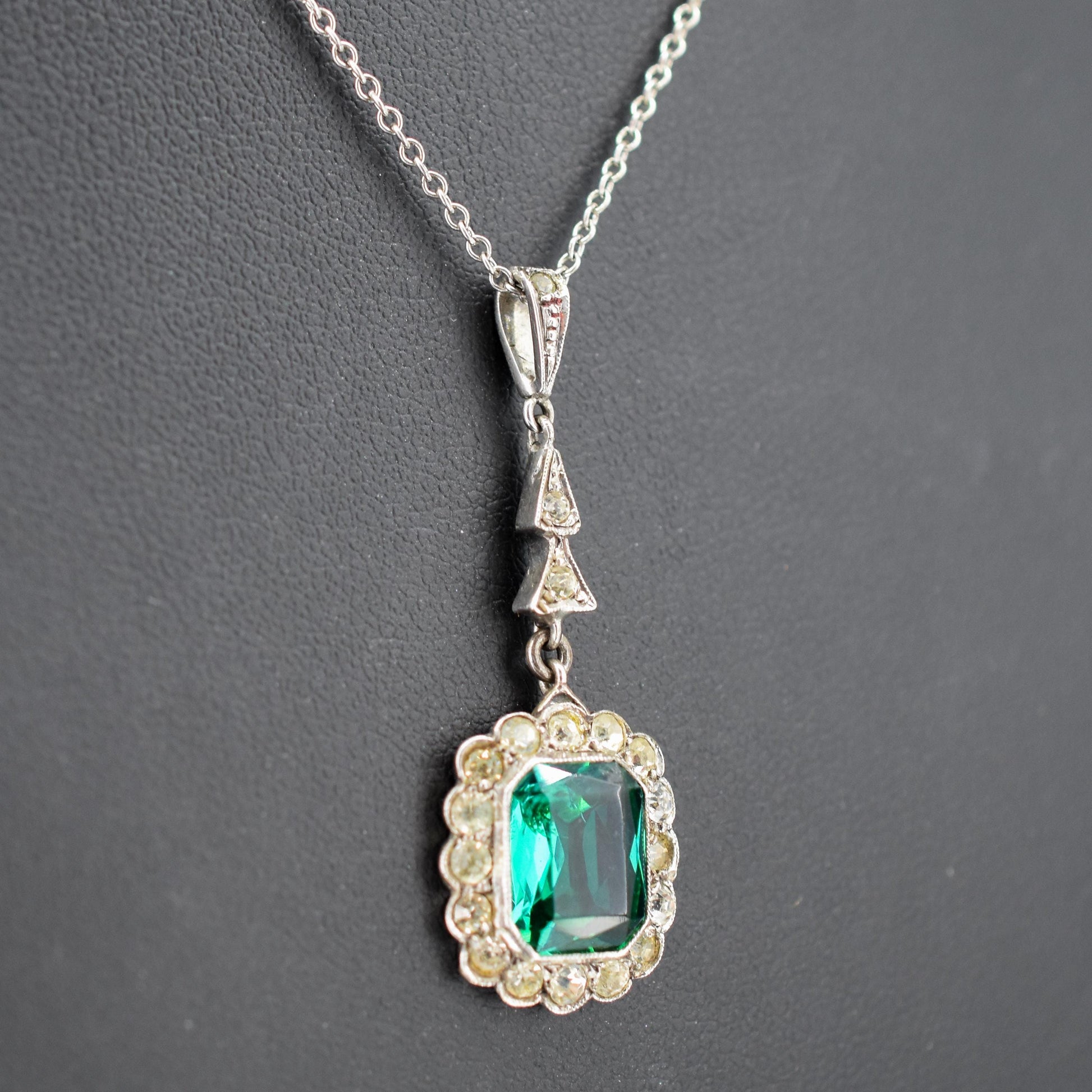Antique Emerald Cut Paste Silver Pendant and Chain Necklace | 15.5"