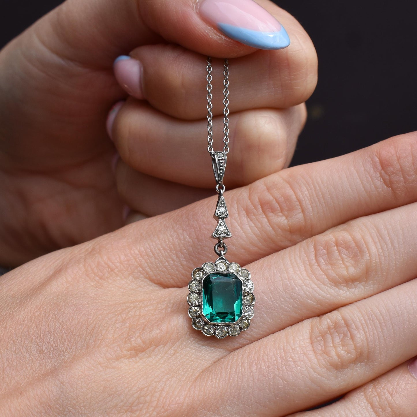 Antique Emerald Cut Paste Silver Pendant and Chain Necklace | 15.5"