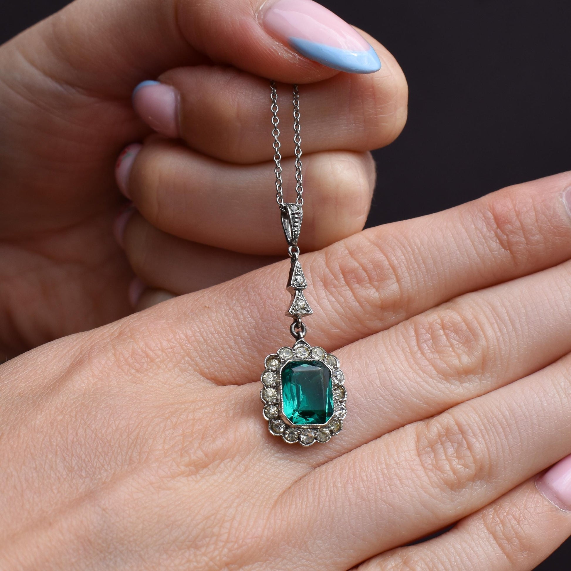 Antique Emerald Cut Paste Silver Pendant and Chain Necklace | 15.5"