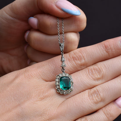 Antique Emerald Cut Paste Silver Pendant and Chain Necklace | 15.5"