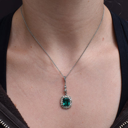 Antique Emerald Cut Paste Silver Pendant and Chain Necklace | 15.5"