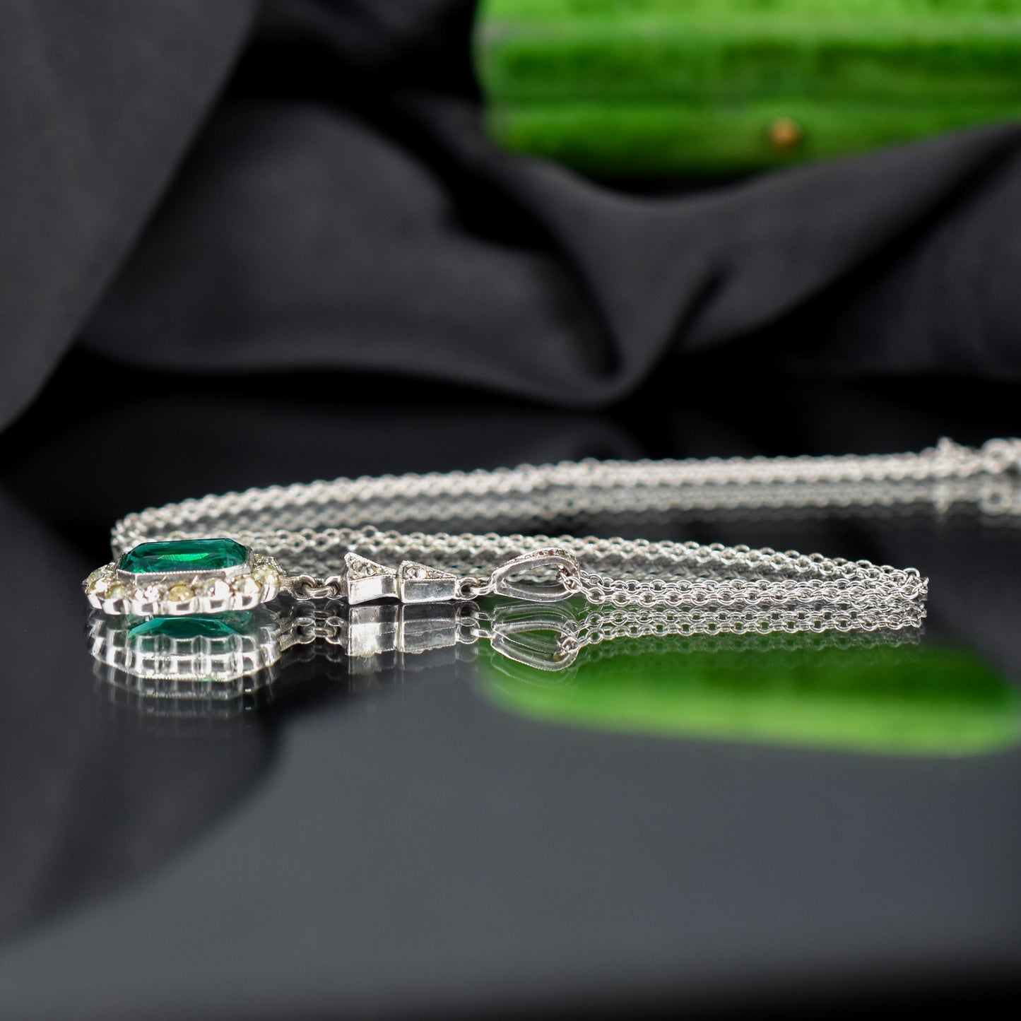 Antique Emerald Cut Paste Silver Pendant and Chain Necklace | 15.5"